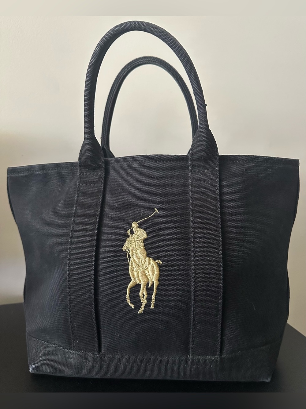 Polo Ralph Lauren Black Canvas Tote Bag Gold Big Pony Leather Trim Shopper